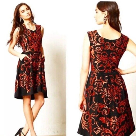 Elegant Anthropologie Yoana Baraschi Mirissa Black Orange Burnout Dress 0P - Picture 1 of 8